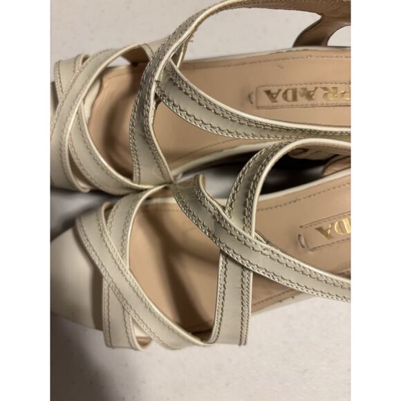 Prada Wedge Sandals 38 Beige Brown Wooden Leather Wedge Platform Slingback - Picture 9 of 12